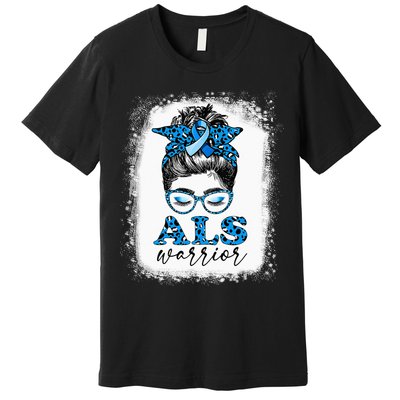 Bleached ALS Warrior Leopard Messy Hair Bun ALS Awareness Premium T-Shirt