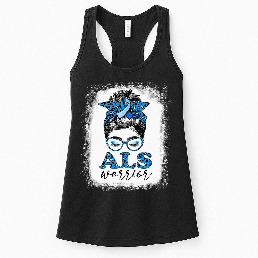 Bleached ALS Warrior Leopard Messy Hair Bun ALS Awareness Womens Tank Top