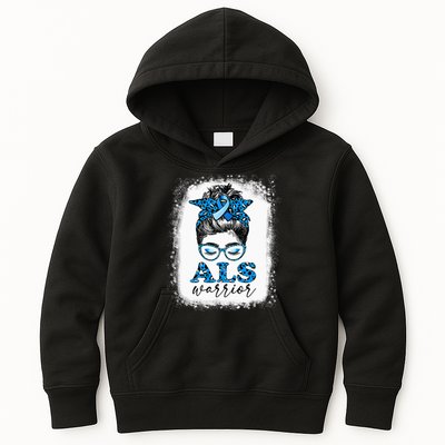 Bleached ALS Warrior Leopard Messy Hair Bun ALS Awareness Kids Hoodie