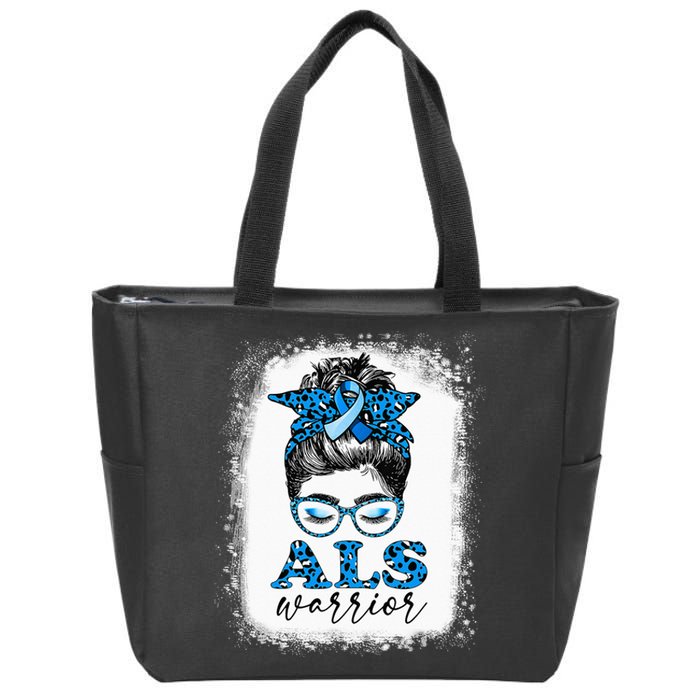 Bleached ALS Warrior Leopard Messy Hair Bun ALS Awareness Zip Tote Bag