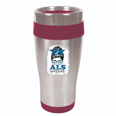 Bleached ALS Warrior Leopard Messy Hair Bun ALS Awareness 16oz Travel Tumbler