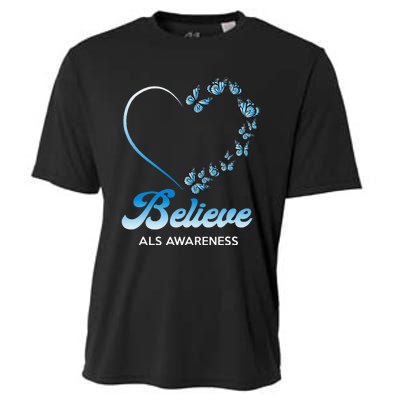 Blue and White Butterflies Heart Believe ALS Awareness Cooling Performance Crew T-Shirt