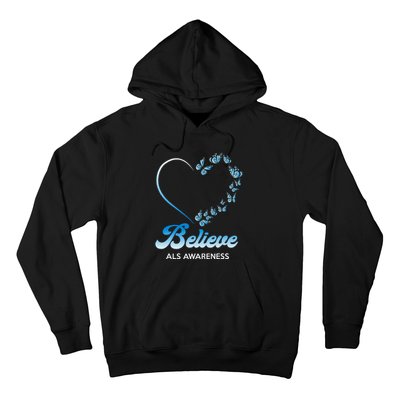 Blue and White Butterflies Heart Believe ALS Awareness Hoodie