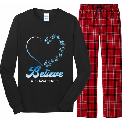 Blue and White Butterflies Heart Believe ALS Awareness Long Sleeve Pajama Set