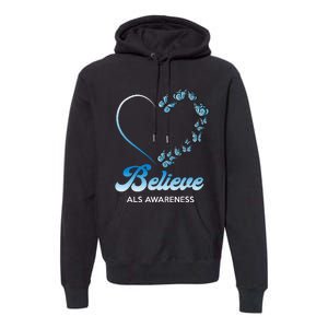 Blue and White Butterflies Heart Believe ALS Awareness Premium Hoodie