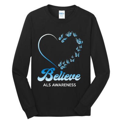 Blue and White Butterflies Heart Believe ALS Awareness Tall Long Sleeve T-Shirt