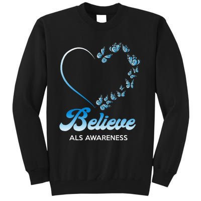 Blue and White Butterflies Heart Believe ALS Awareness Tall Sweatshirt