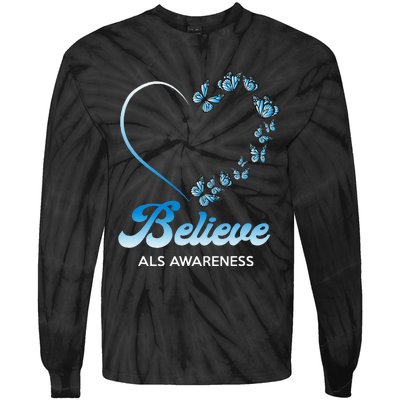 Blue and White Butterflies Heart Believe ALS Awareness Tie-Dye Long Sleeve Shirt