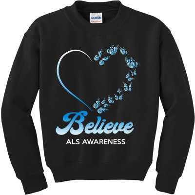 Blue and White Butterflies Heart Believe ALS Awareness Kids Sweatshirt