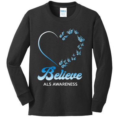 Blue and White Butterflies Heart Believe ALS Awareness Kids Long Sleeve Shirt