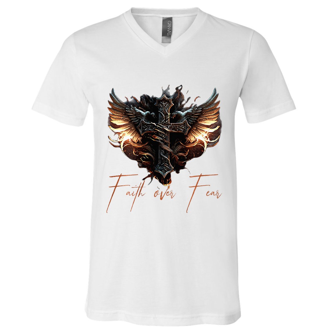 Biker Angel Wings Christian Cross Faith Over Fear V-Neck T-Shirt