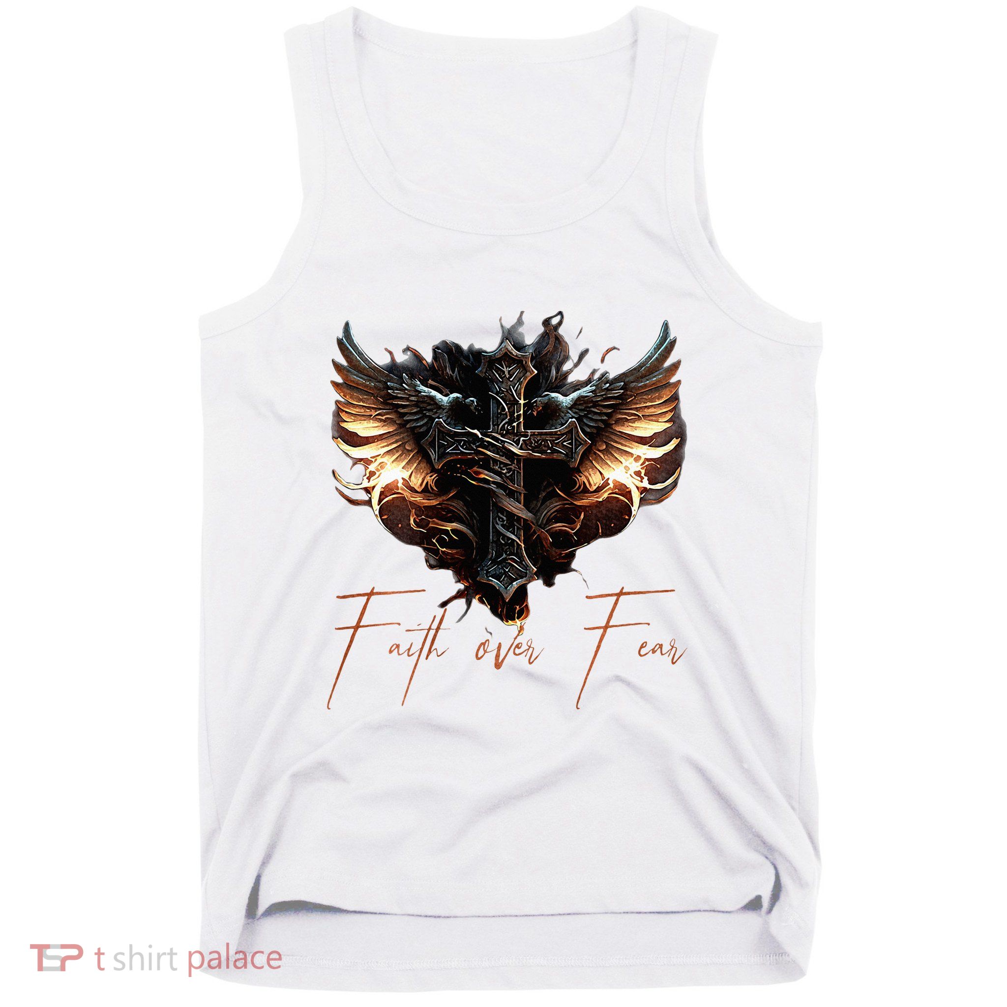 Biker Angel Wings Christian Cross Faith Over Fear Tank Top