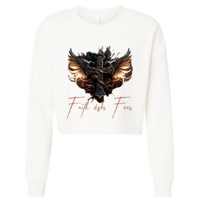 Biker Angel Wings Christian Cross Faith Over Fear Cropped Pullover Crew