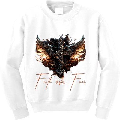 Biker Angel Wings Christian Cross Faith Over Fear Kids Sweatshirt