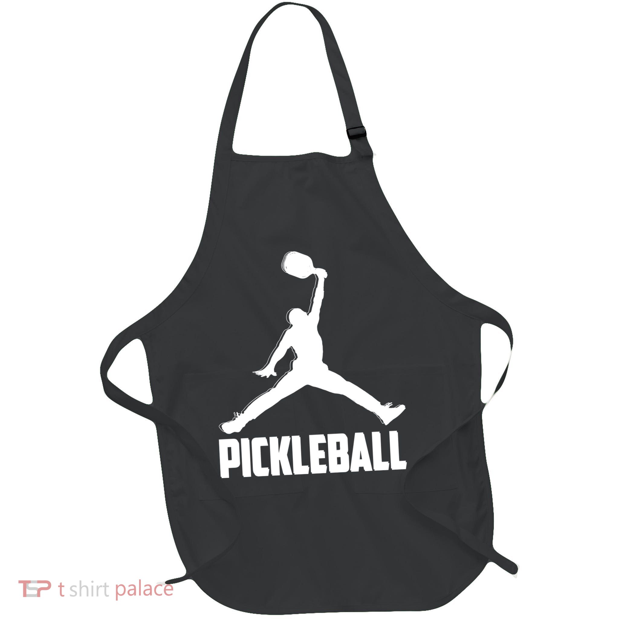 Black And White Pickleball Sports Logo Full-Length Apron With Pockets