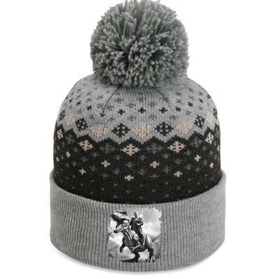 Black And White Vintage Donald Trump Riding T Rex Faded Usa Gift The Baniff Cuffed Pom Beanie