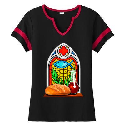 Bread And Wine Christian Stained Glass Catholic Ladies Halftime Notch Neck Tee