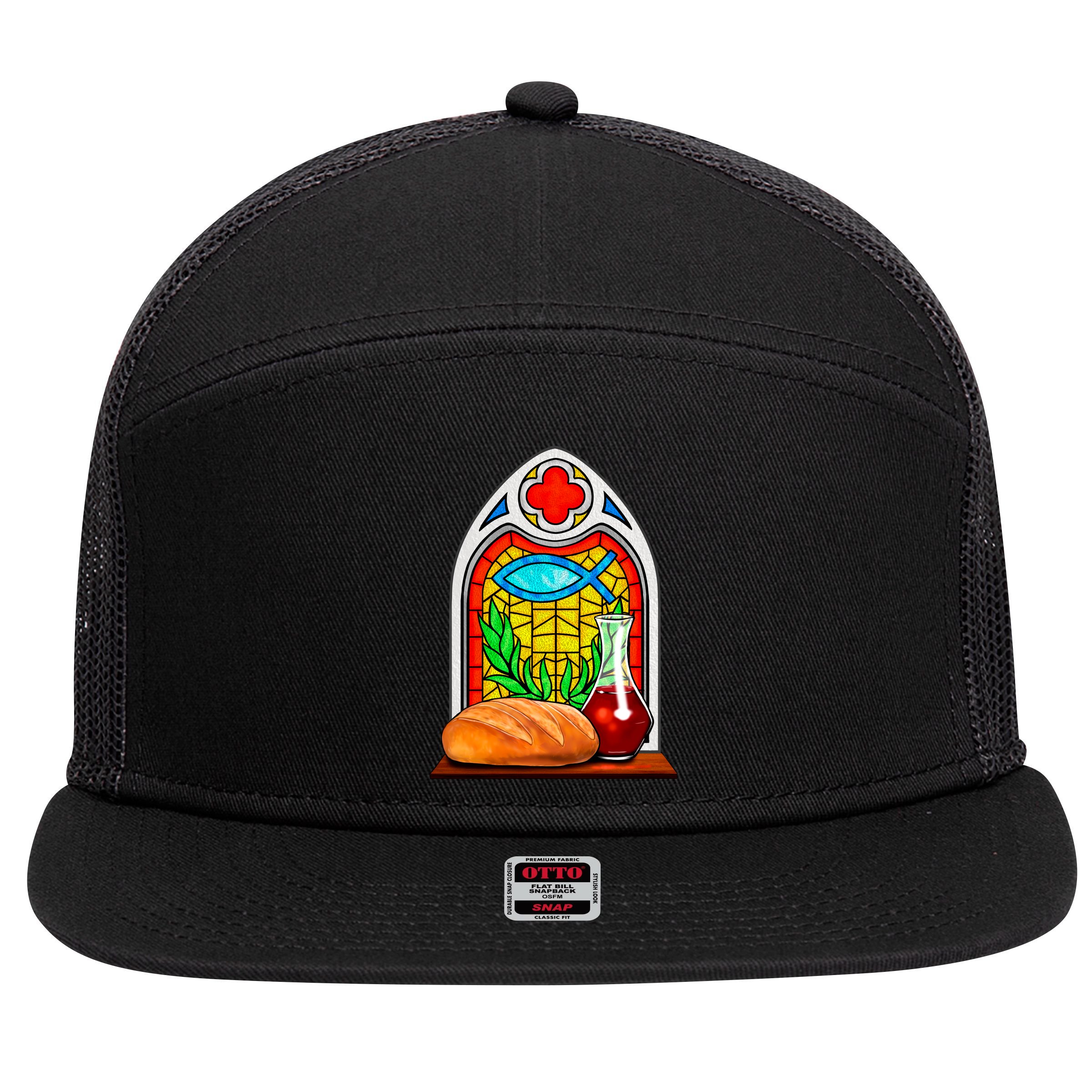 Bread And Wine Christian Stained Glass Catholic 7 Panel Mesh Trucker Snapback Hat