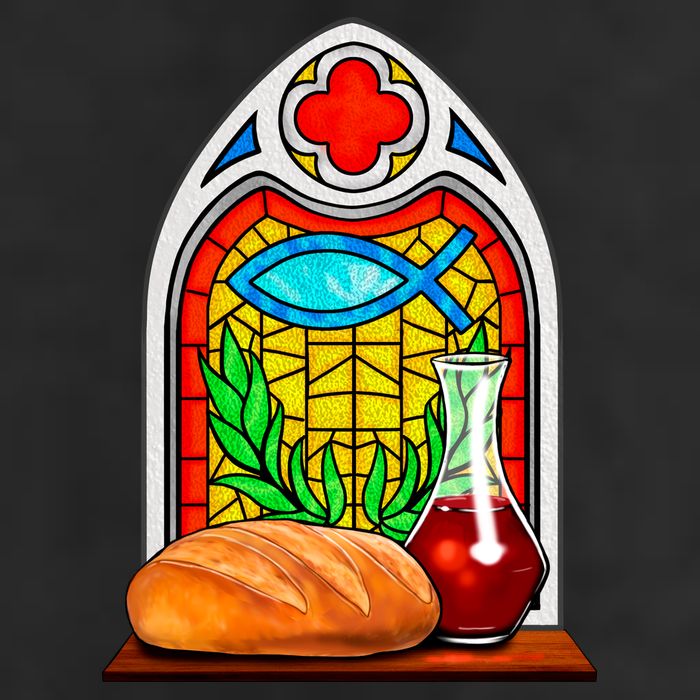 Bread And Wine Christian Stained Glass Catholic 7 Panel Mesh Trucker Snapback Hat