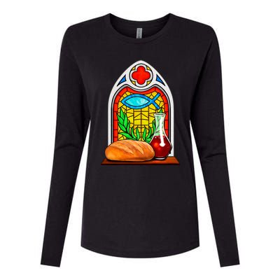 Bread And Wine Christian Stained Glass Catholic Womens Cotton Relaxed Long Sleeve T-Shirt