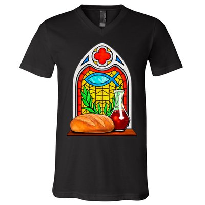 Bread And Wine Christian Stained Glass Catholic V-Neck T-Shirt