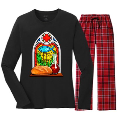 Bread And Wine Christian Stained Glass Catholic Women's Long Sleeve Flannel Pajama Set 