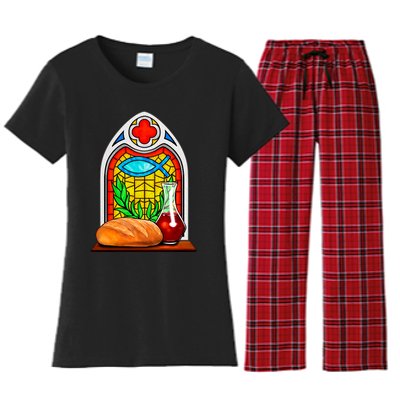 Bread And Wine Christian Stained Glass Catholic Women's Flannel Pajama Set