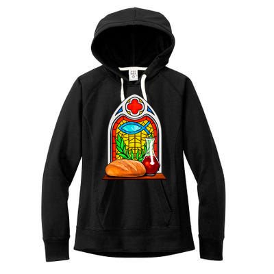 Bread And Wine Christian Stained Glass Catholic Women's Fleece Hoodie