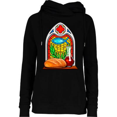 Bread And Wine Christian Stained Glass Catholic Womens Funnel Neck Pullover Hood