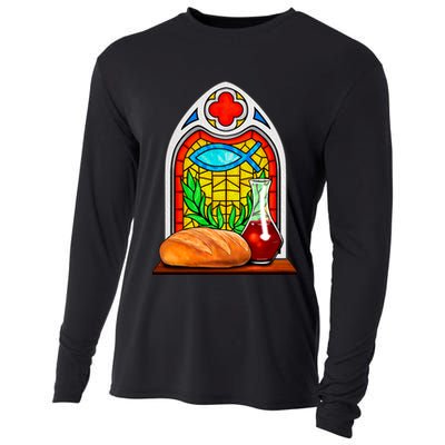 Bread And Wine Christian Stained Glass Catholic Cooling Performance Long Sleeve Crew