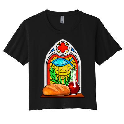 Bread And Wine Christian Stained Glass Catholic Women's Crop Top Tee