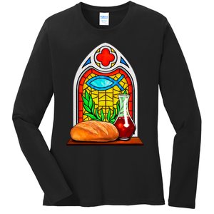 Bread And Wine Christian Stained Glass Catholic Ladies Long Sleeve Shirt