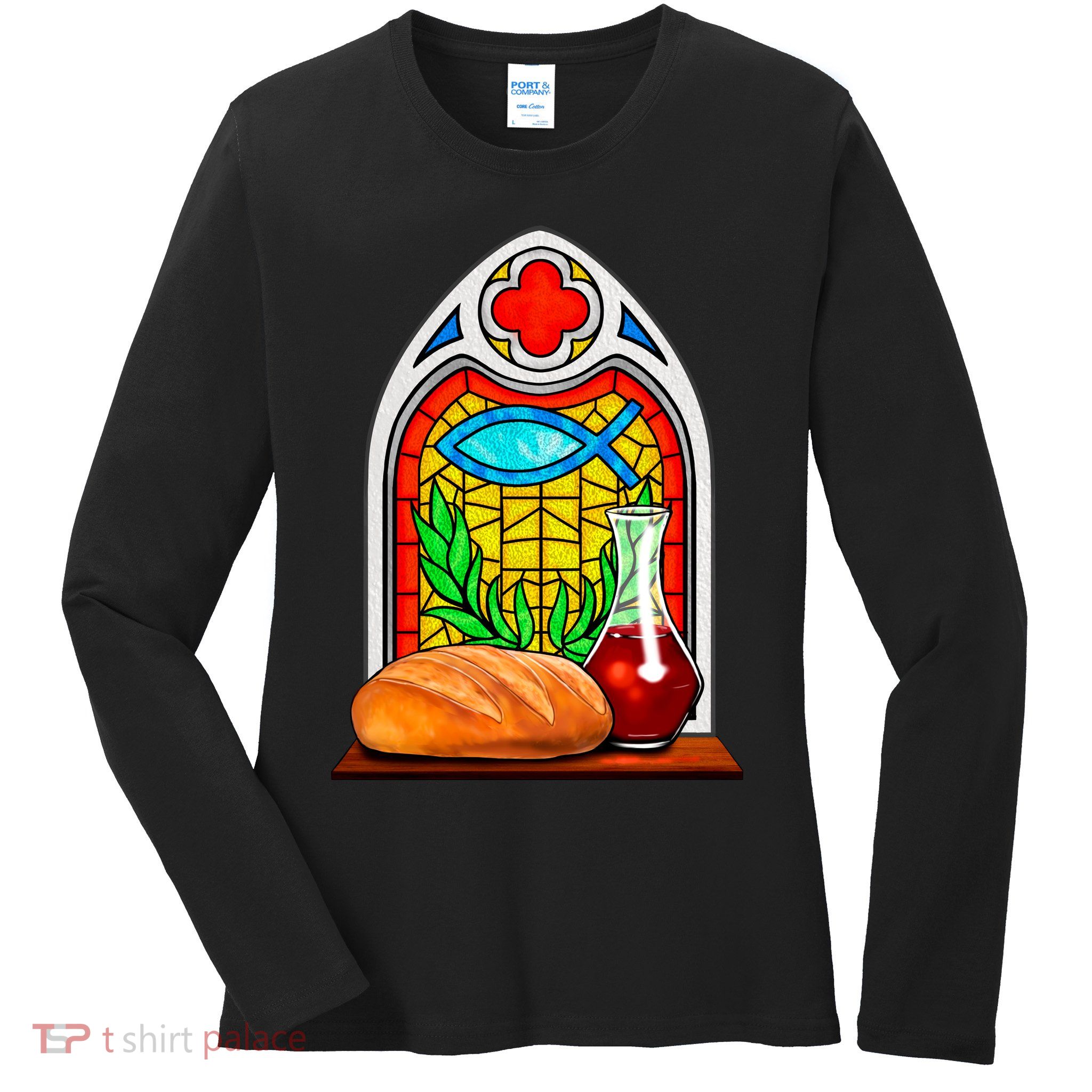 Bread And Wine Christian Stained Glass Catholic Ladies Long Sleeve Shirt