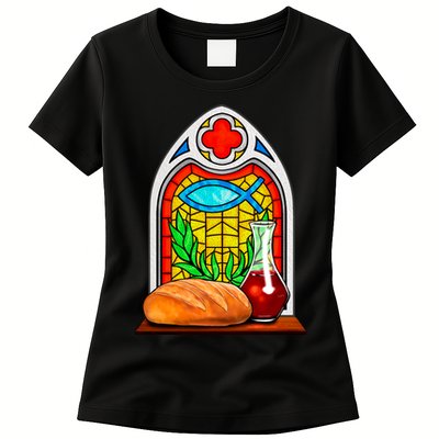 Bread And Wine Christian Stained Glass Catholic Womens T-Shirt