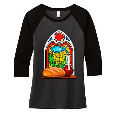 Bread And Wine Christian Stained Glass Catholic Women's Tri-Blend 3/4-Sleeve Raglan Shirt