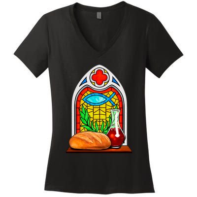 Bread And Wine Christian Stained Glass Catholic Women's V-Neck T-Shirt