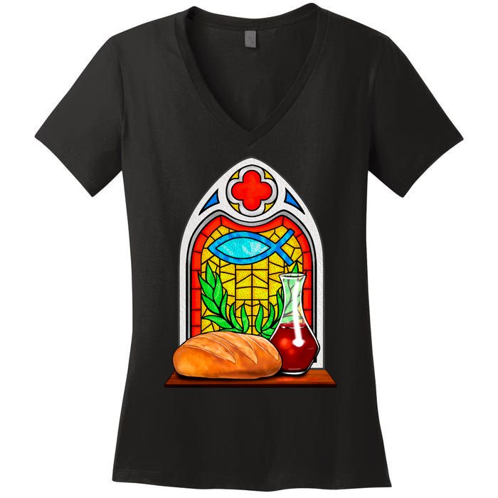 Bread And Wine Christian Stained Glass Catholic Women's V-Neck T-Shirt