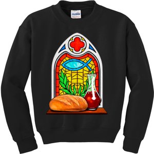 Bread And Wine Christian Stained Glass Catholic Kids Sweatshirt