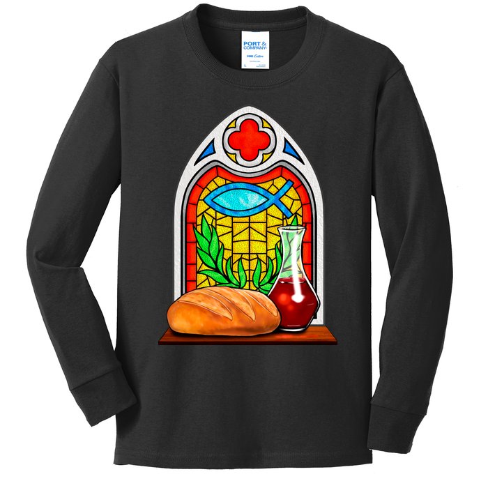 Bread And Wine Christian Stained Glass Catholic Kids Long Sleeve Shirt