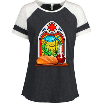 Bread And Wine Christian Stained Glass Catholic Enza Ladies Jersey Colorblock Tee