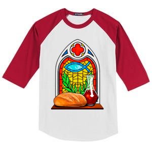 Bread And Wine Christian Stained Glass Catholic Kids Colorblock Raglan Jersey