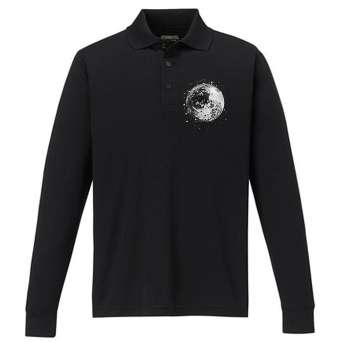 Black And White Disco Ball Club Retro Performance Long Sleeve Polo