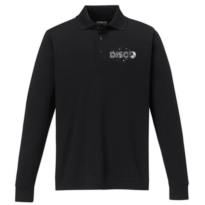 Black And White Disco Ball Club Retro Performance Long Sleeve Polo