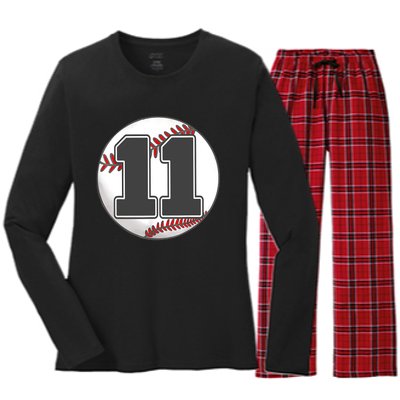 Birthday Boy 11 Baseball 11th Birthday Baseball Player Women's Long Sleeve Flannel Pajama Set 