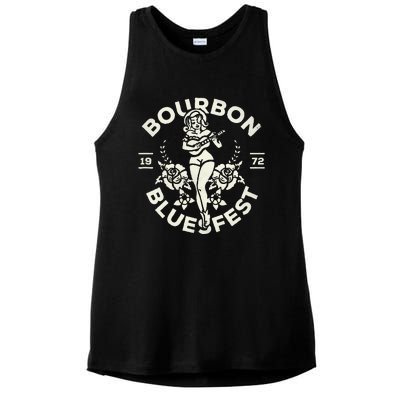 Bourbon Bluesfest 1972 Vintage Pinup Girl Playing Guitar Ladies PosiCharge Tri-Blend Wicking Tank