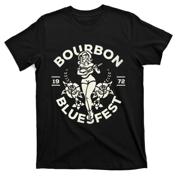 Bourbon Bluesfest 1972 Vintage Pinup Girl Playing Guitar T-Shirt