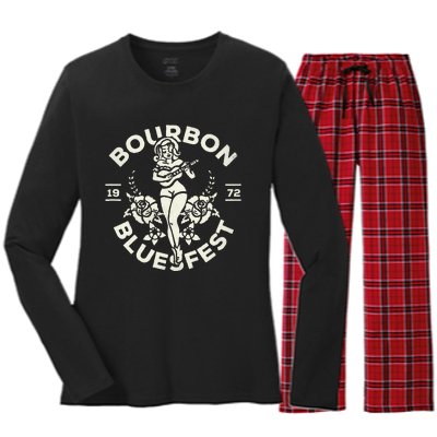 Bourbon Bluesfest 1972 Vintage Pinup Girl Playing Guitar Women's Long Sleeve Flannel Pajama Set 