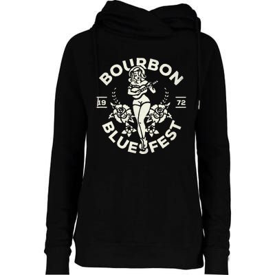 Bourbon Bluesfest 1972 Vintage Pinup Girl Playing Guitar Womens Funnel Neck Pullover Hood