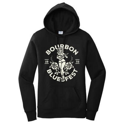 Bourbon Bluesfest 1972 Vintage Pinup Girl Playing Guitar Women's Pullover Hoodie