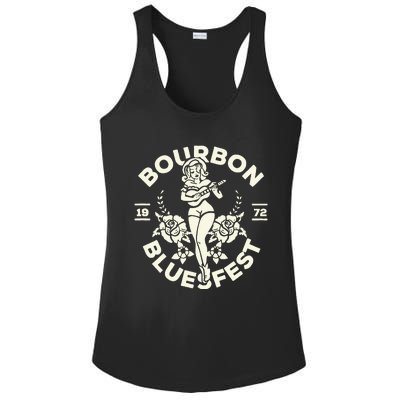 Bourbon Bluesfest 1972: Vintage Pinup Girl Playing Guitar Ladies PosiCharge Competitor Racerback Tank